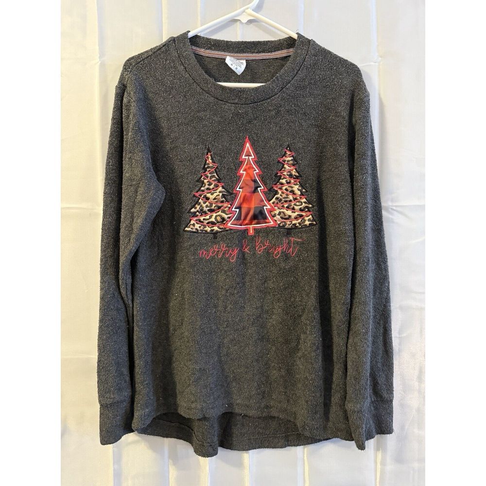 Royce Christmas‎ Fleece Sweater M Gray Womens Trees Holiday "Merry And Bright"